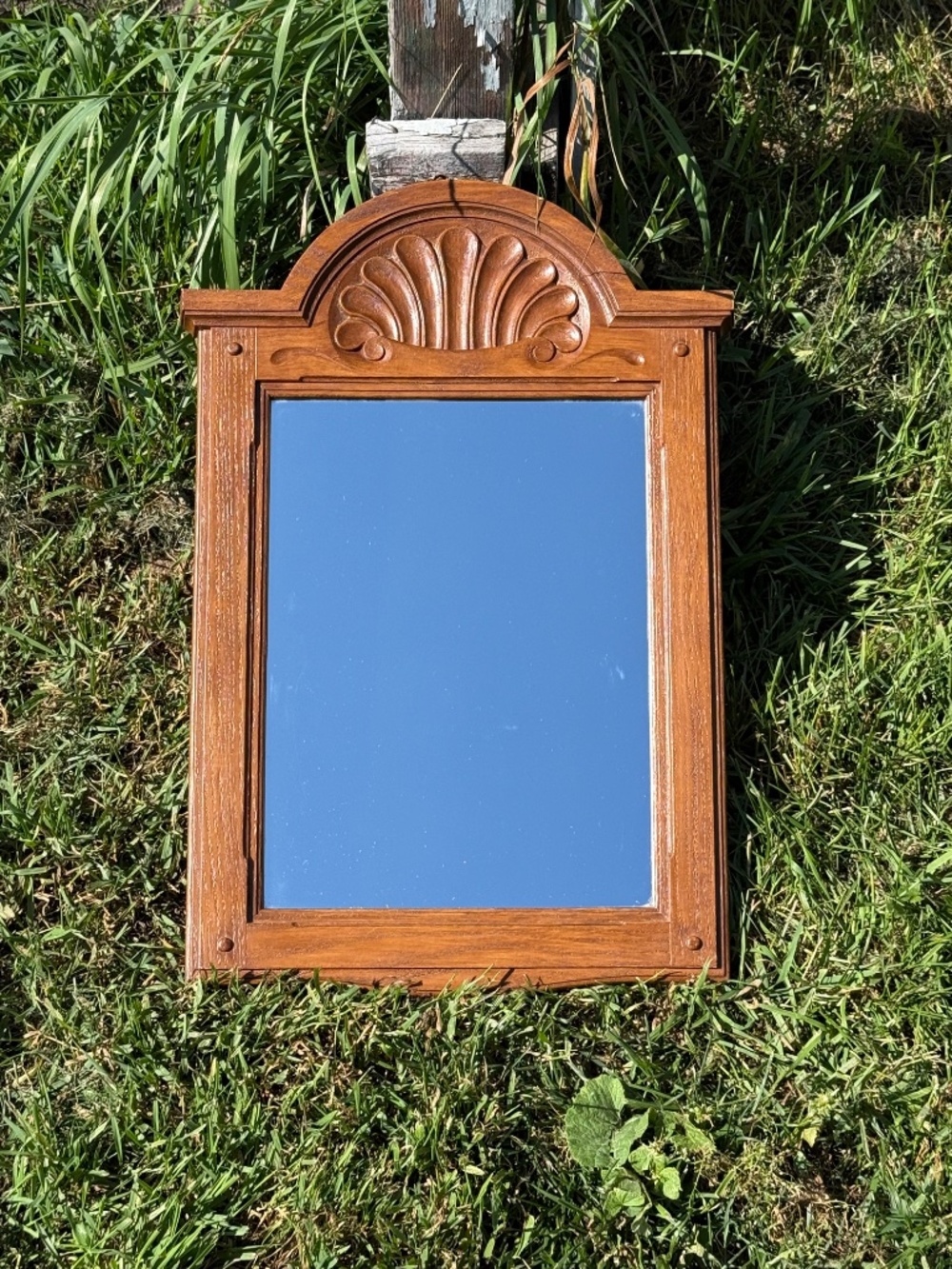 Vintage c1986 Art Deco Revival Wall Arched Shell Mirror in Country Oak by Syroco